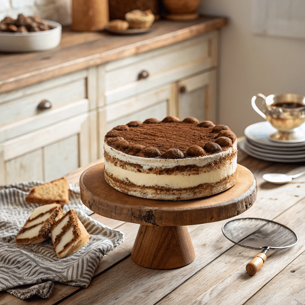 Classic Italian Tiramisu cake with mascarpone layers, cocoa powder, and espresso-soaked ladyfingers