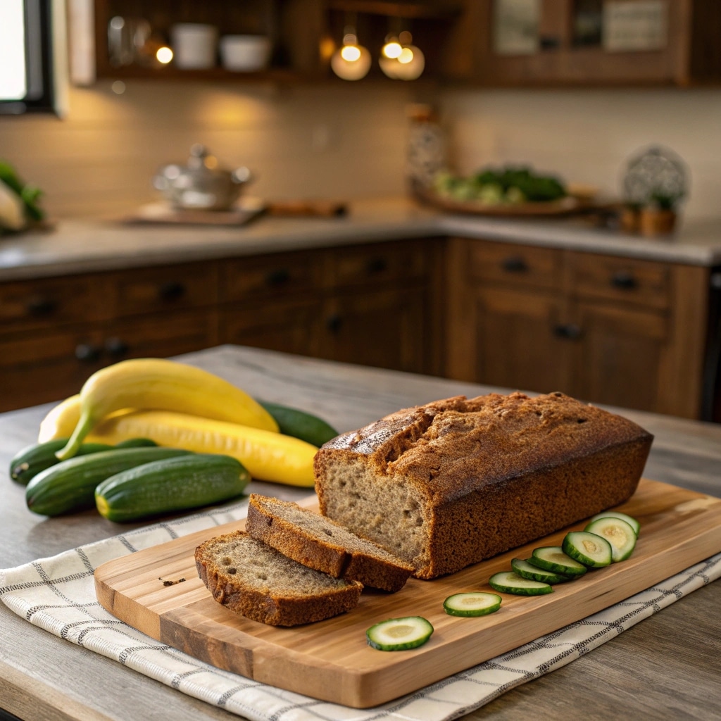 Banana Zucchini Bread on wooden board with bananas and zucchini