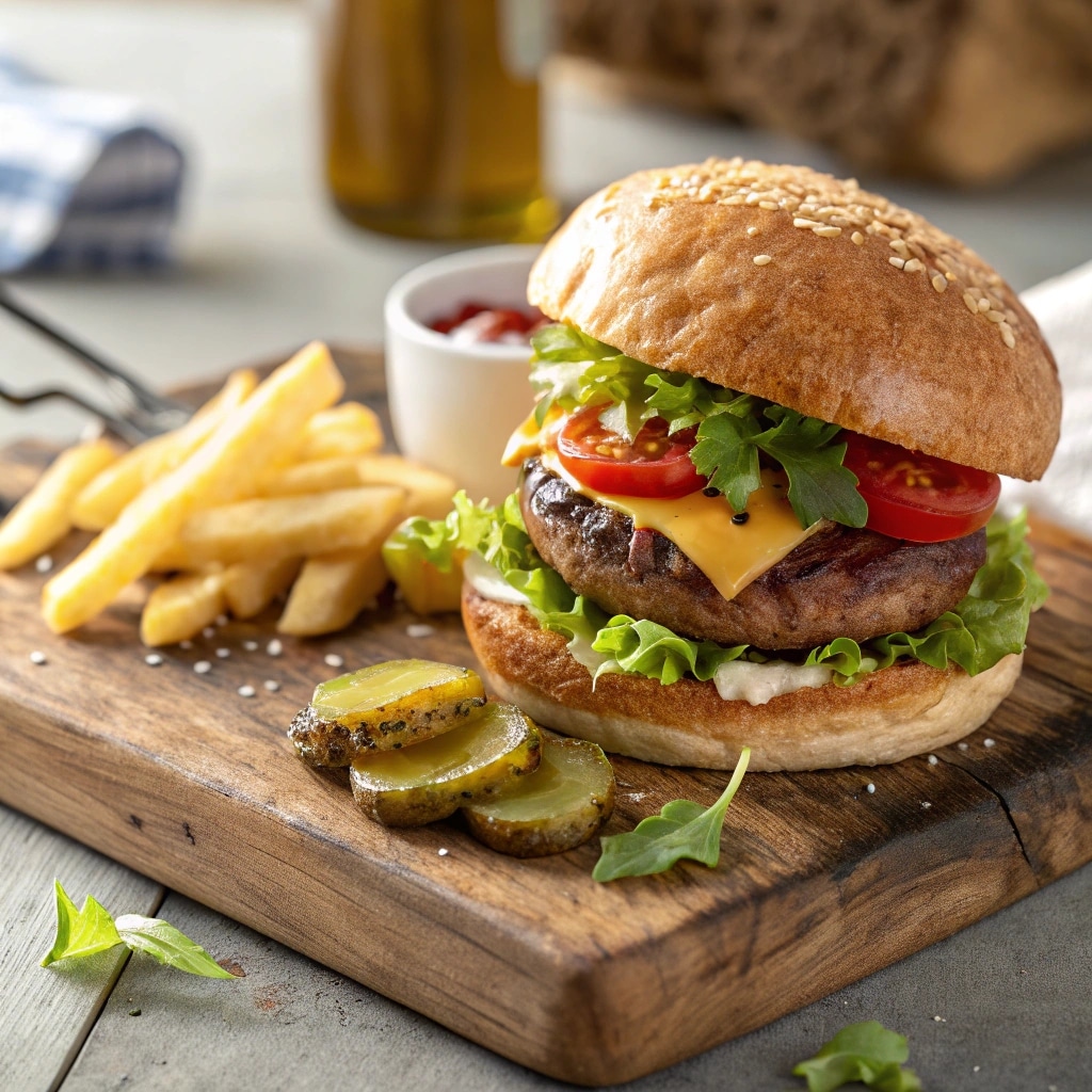 classic beef burger on toasted bun