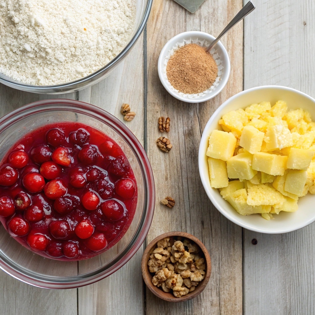 Dump cake ingredients – pie filling, cake mix, butter, walnuts