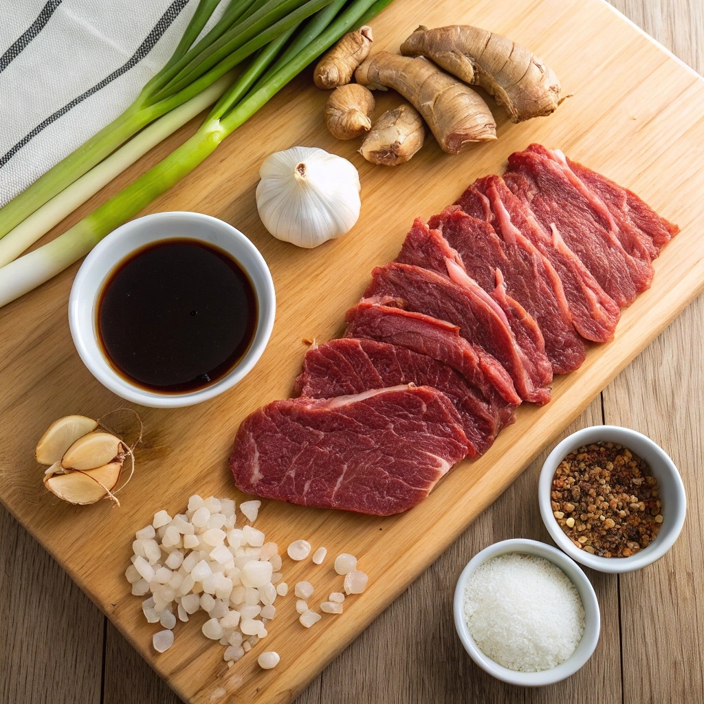 Mongolian Beef core ingredients on a wood countertop
