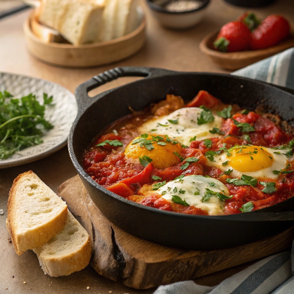 Shakshouka skillet on breakfast table