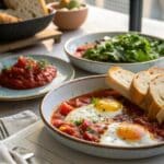 Serving shakshouka with bread and salad