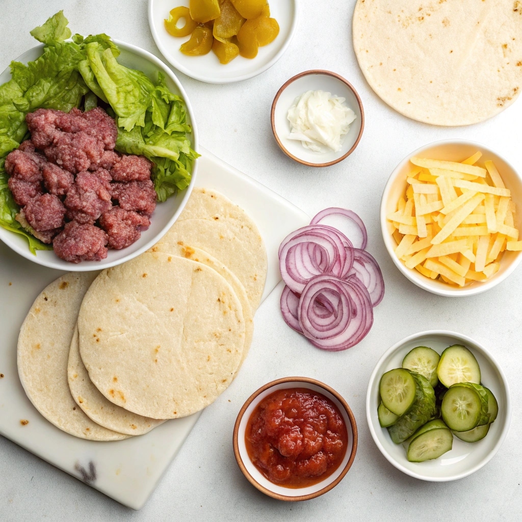 smash burger tacos ingredients flat lay