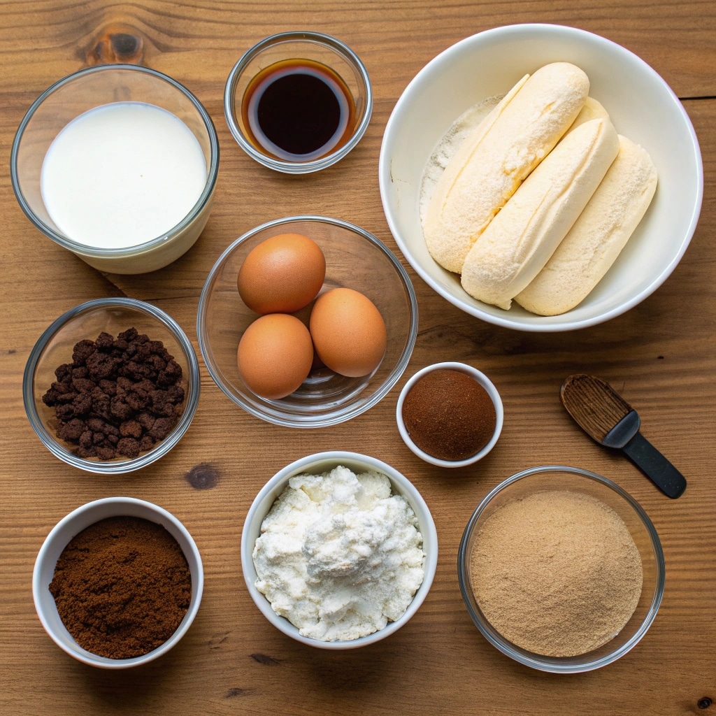 Tiramisu cake ingredients on wooden countertop