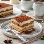 Slice of tiramisu cake with cocoa dusting