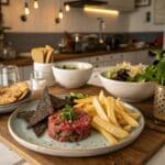 Beef Tartare with Fusion Twists served with nori chips and salad