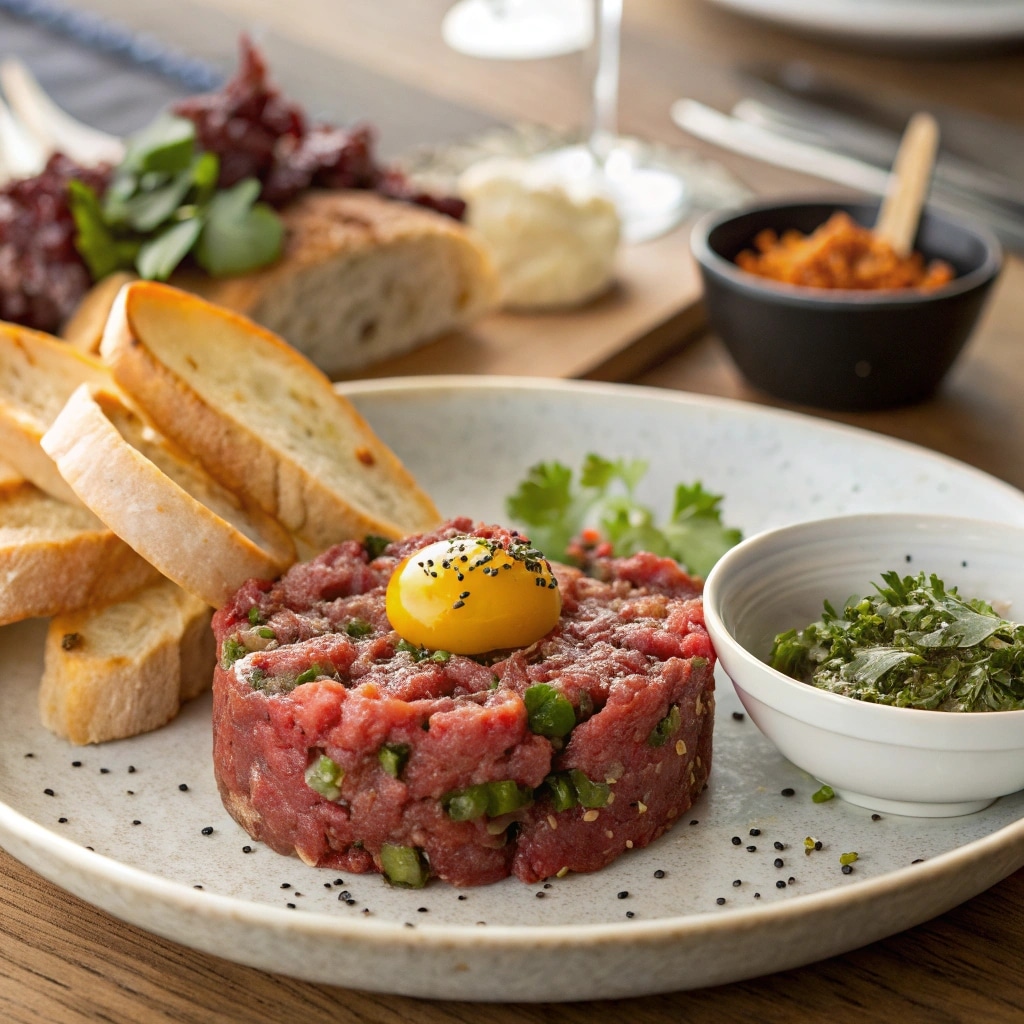 Beef Tartare with Fusion Twists plated with herbs and egg yolk